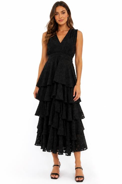 Boston Proper Dresses & Skirts - Chelsea28 Sz M Sleeveless Black Tired Midi Dress Bloom Floral Jacquard Ruffle